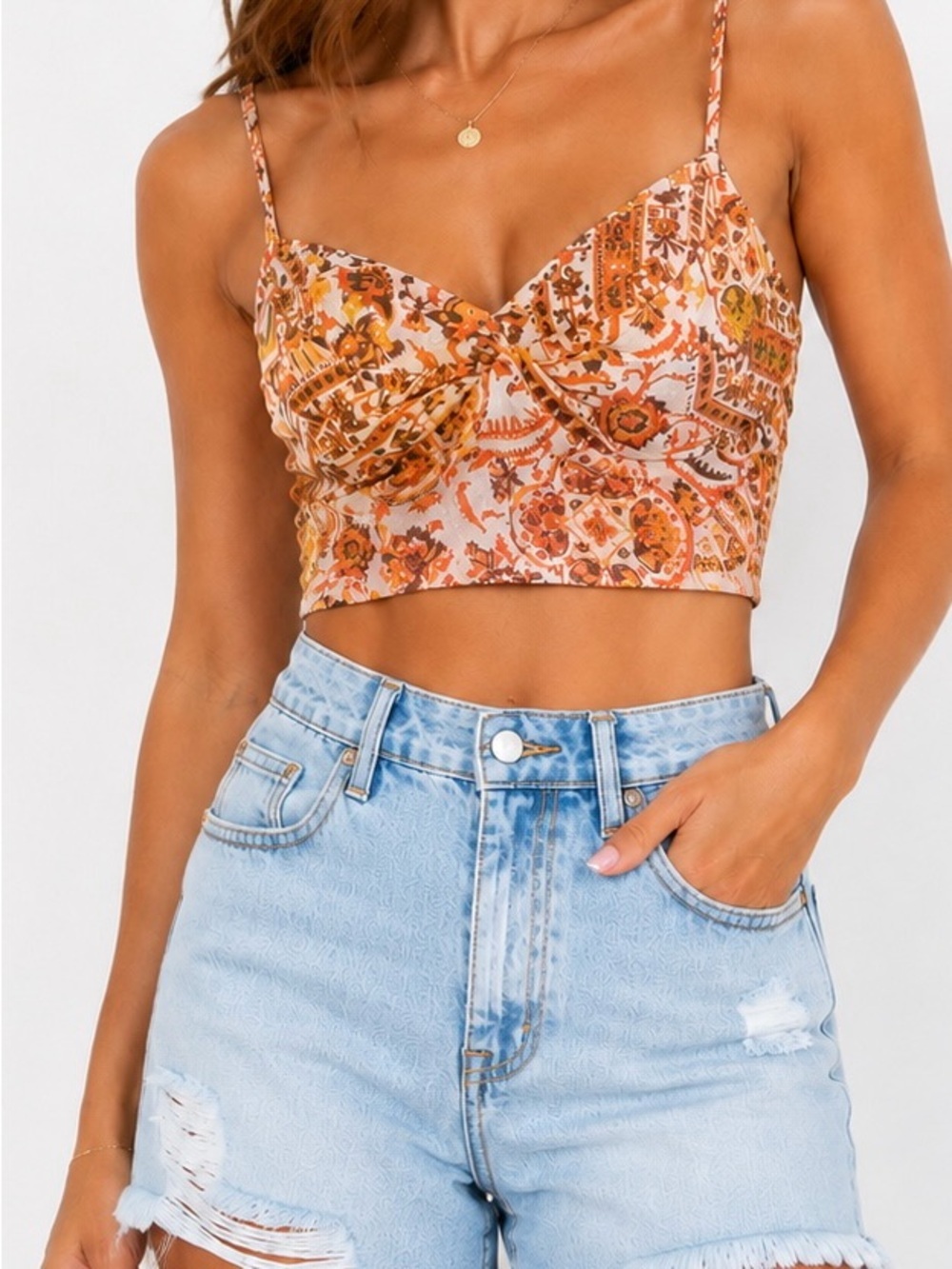 Let Me Be by Anthropologie Orange and Tan Paisley Print Crop Top - Size M NWT